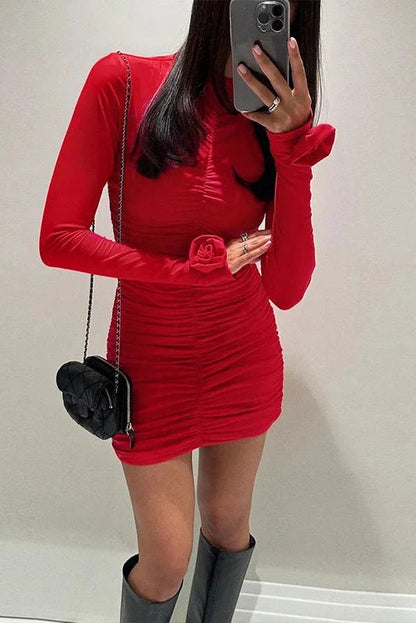 Pleated Long Sleeve O Neck Mini Dress