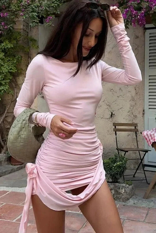 Elegant Pleated Long Sleeve Patchwork Mini Dress