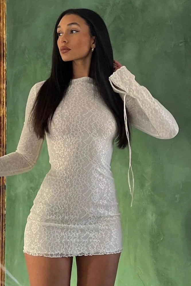 Lace Patchwork Long-Sleeved Zipper Mini Dress