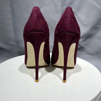 Burgundy Faux Suede Pointy Toe High Heel Shoes For Women