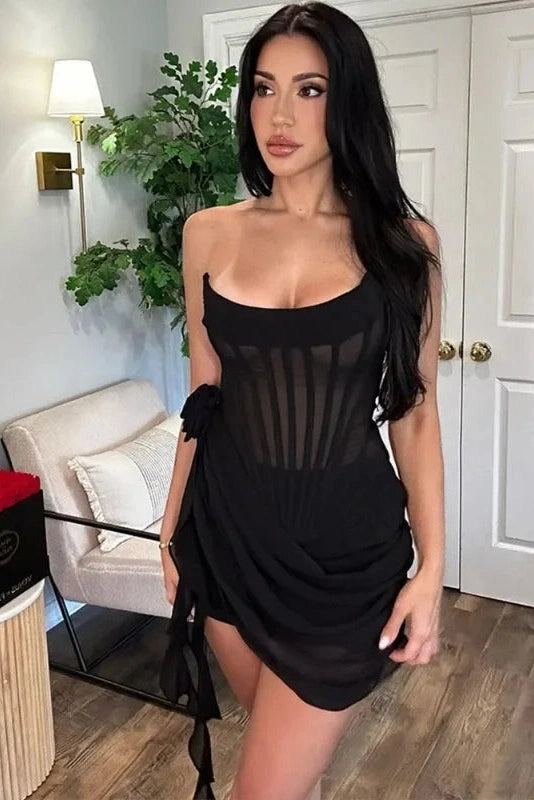 Off Shoulder Backless See Through Mini Dress