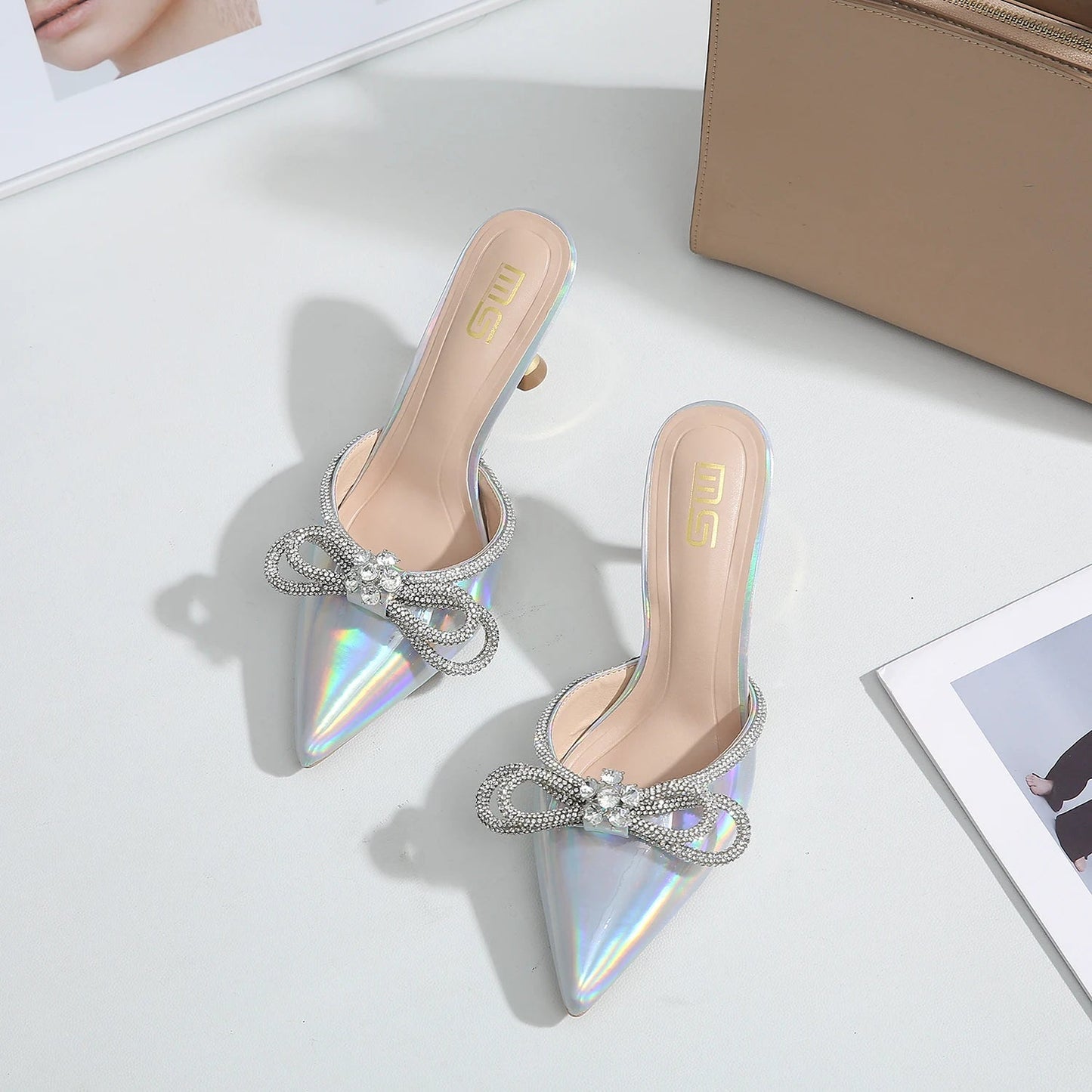 Summer Rhinestone Bow Sandals With Pointed Semi-Slippers And Thin Heels