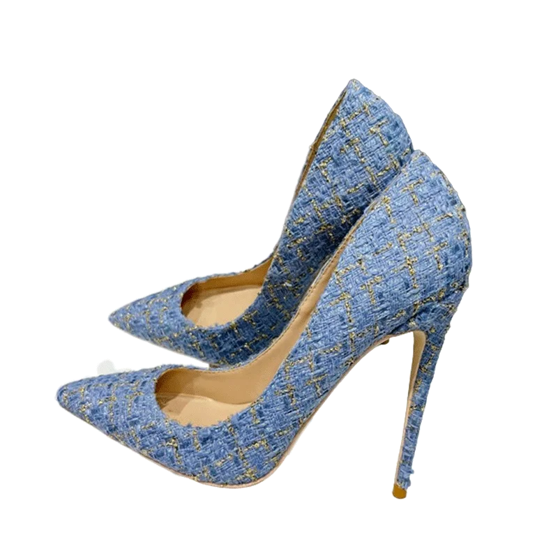 Blue Plaid Pointy Toe High Heel Shoes For Women