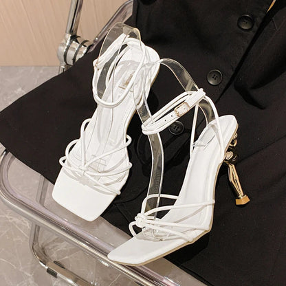 Narrow Band Square Toe Sandals With Ankle Buckle Strap High Heels For Women