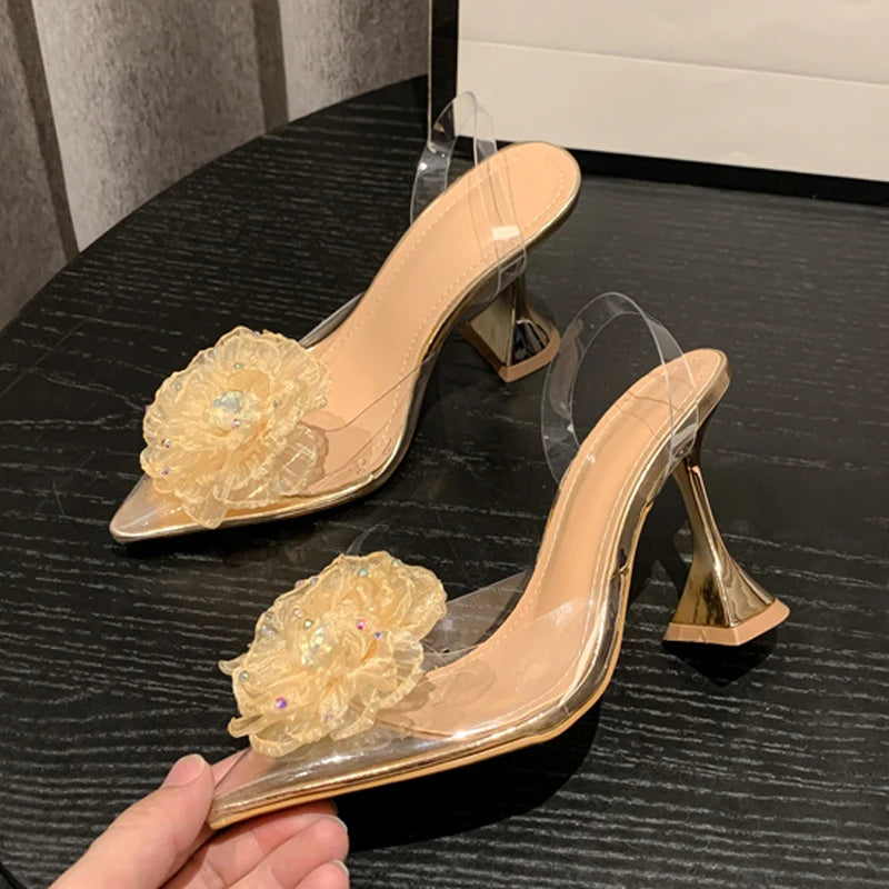 Crystal Flower Designer Sandals Women Pumps Transparent High Heels