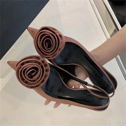 Satin Slingback Women Pumps with Sexy Flower Design, Pointed Toe and Thin High Heels