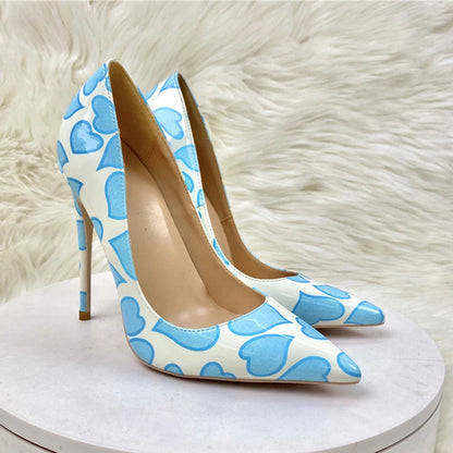 Blue Sweetheart Printed White Pointy Toe High Heel Shoes For Women