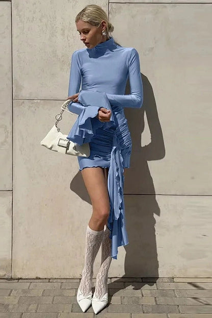 Elegant Pleated Long Sleeve Patchwork Mini Dress -