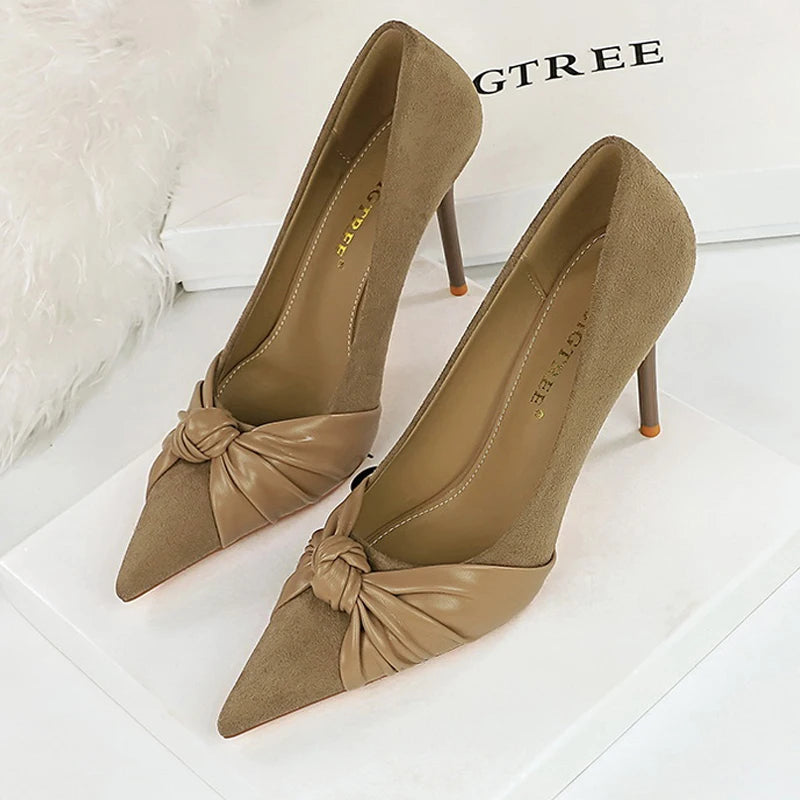Suede Women Pumps With Bowknot Detail And High Heels For Office Lady Fashion
