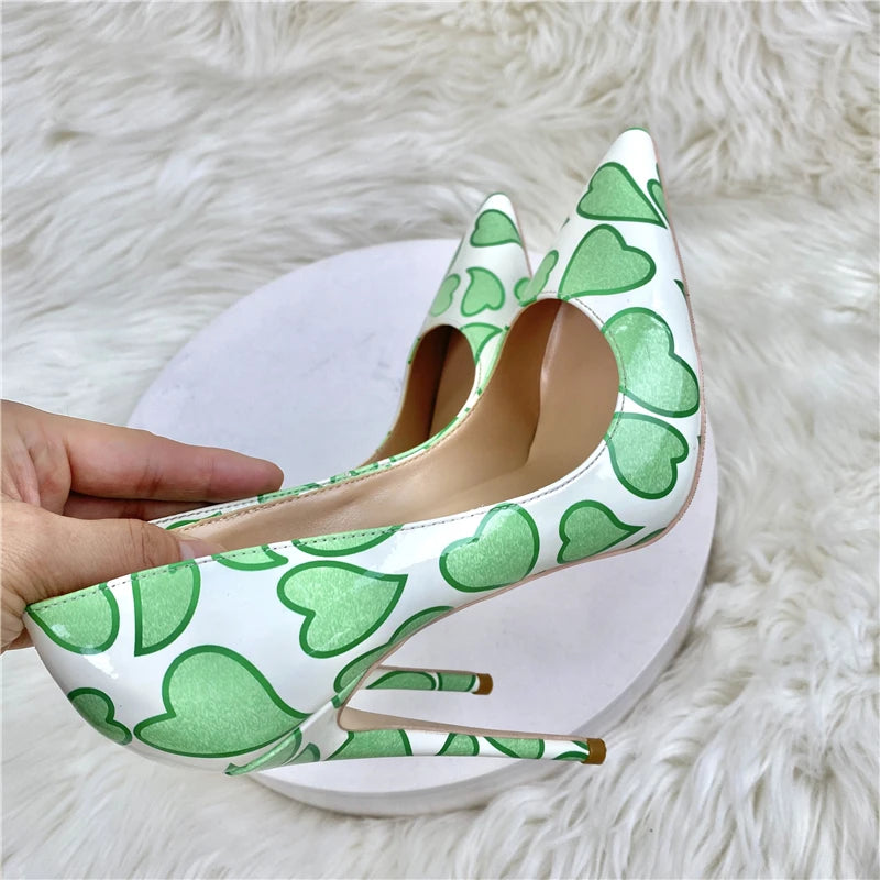 Sweetheart Print White Patent Pointy Toe High Heel Shoes For Women