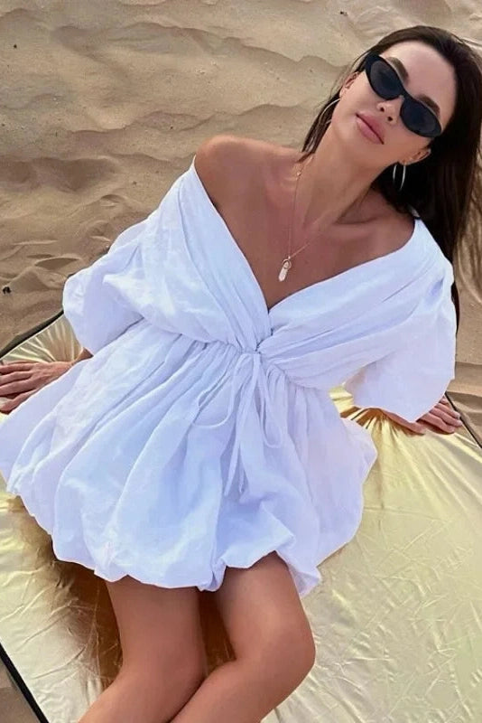V-Neck Puff Sleeve Patchwork Mini Dress