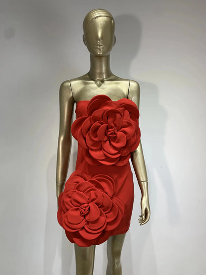 Orenda Strapless Dress With Red Flower Applique