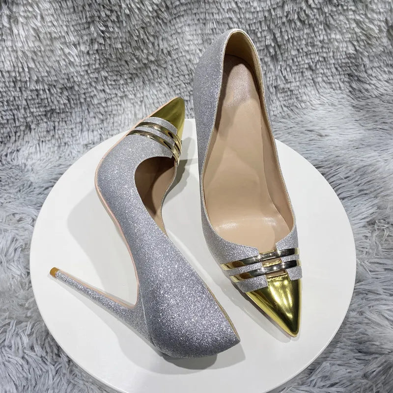 Sparkle Silver Sequins Slip On High Heel Shoes With Pointy Toe
