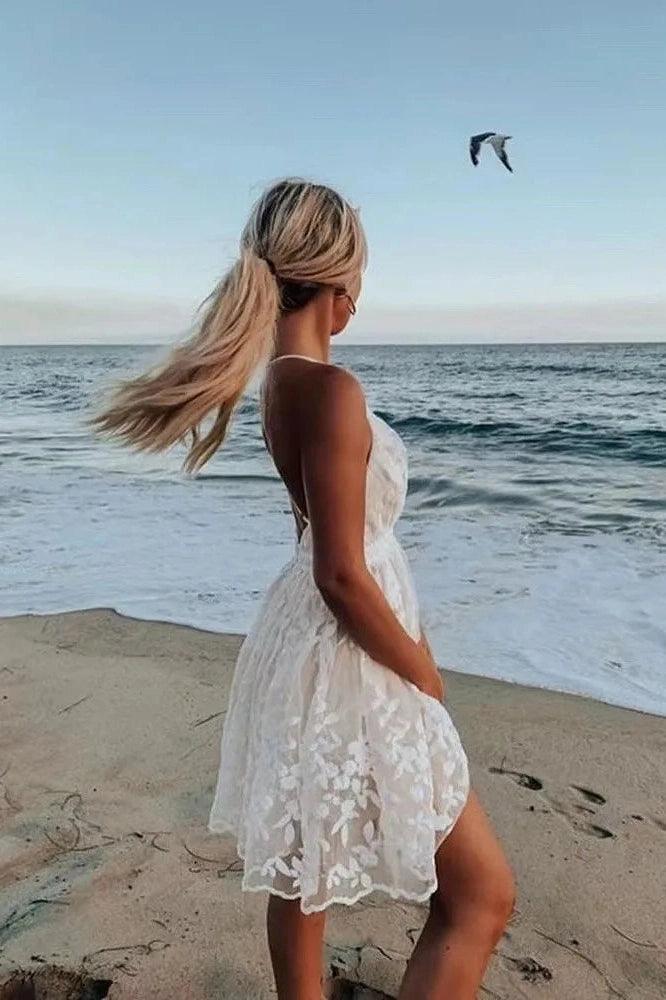 Spaghetti Strap V-Neck Backless Mini Dress