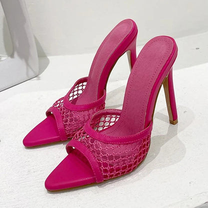 Pink Mesh Pointed Toe High Heels Pumps