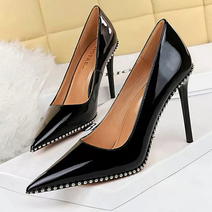 Metal Beads Black Suede High Heel Stiletto Wedding Shoes Women Pumps