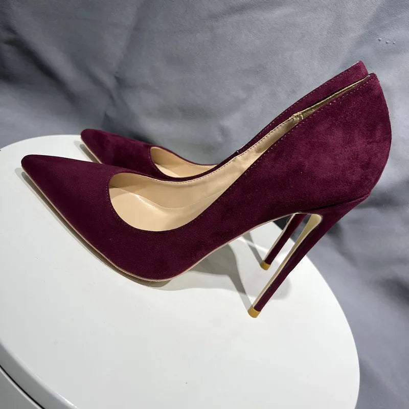 Burgundy Faux Suede Pointy Toe High Heel Shoes For Women