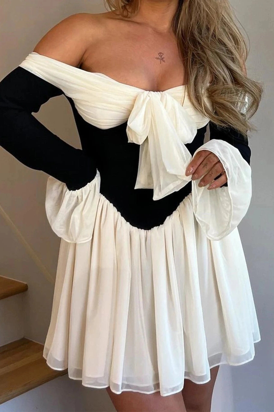 Strapless Backless Pleated Long Sleeve Mini Dress