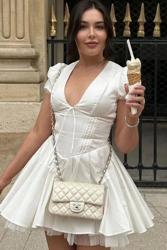 V-Neck High Waist Pleated Mini Dress With Short Sleeves