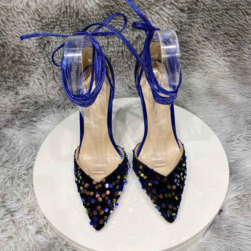 Sequined Pointy Toe High Heel Leg Strap Shoes – BioBeautify