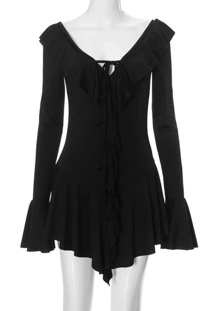 Deep V-Neck Bodycon Dress With Flared Sleeves
