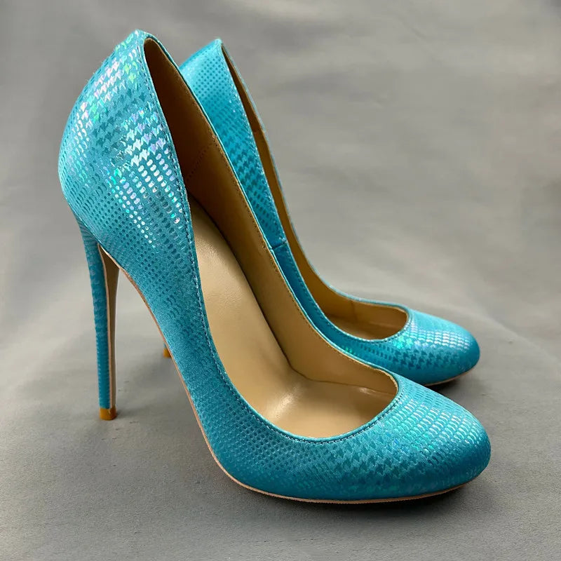 Green Blue Snakeskin Slip On High Heel Shoes For Women