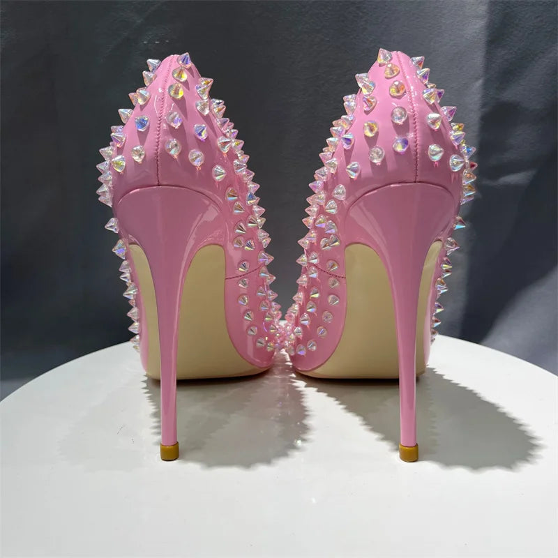 Pink Patent Pointy Toe High Heels Shoes With Crystal Spikes For Women