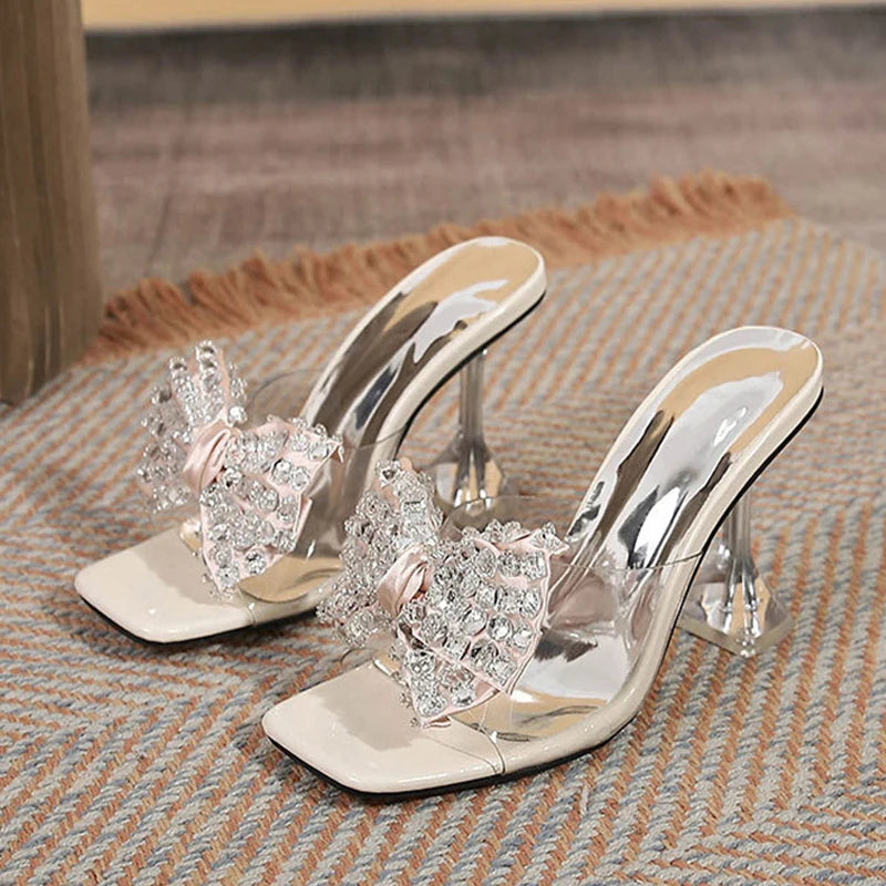 Crystal Bowknot Square Toe Transparent Sandals