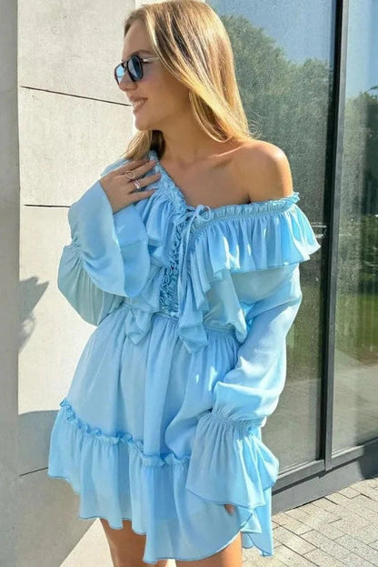 Patchwork Long Sleeve V-Neck Lace-Up Mini Dress