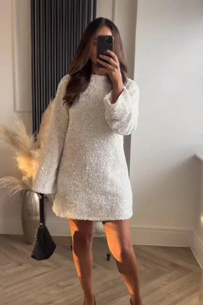 Elegant Long Sleeve Mini Dress With High Waist