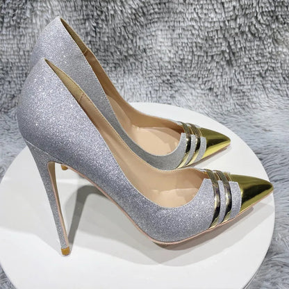 Sparkle Silver Sequins Slip On High Heel Shoes With Pointy Toe