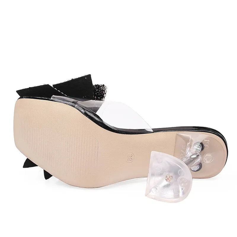 Silver Crystal Bowknot High Heel Transparent Slippers For Women Fashion