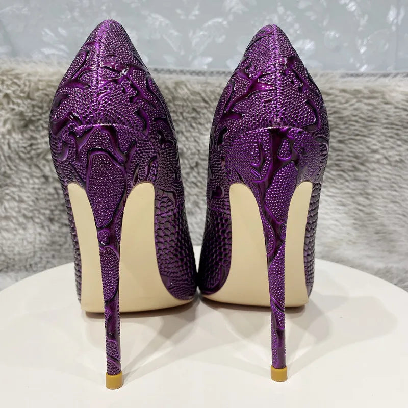 Purple Crocodile Embossed Pointy Toe Slip On High Heel Shoes For Women