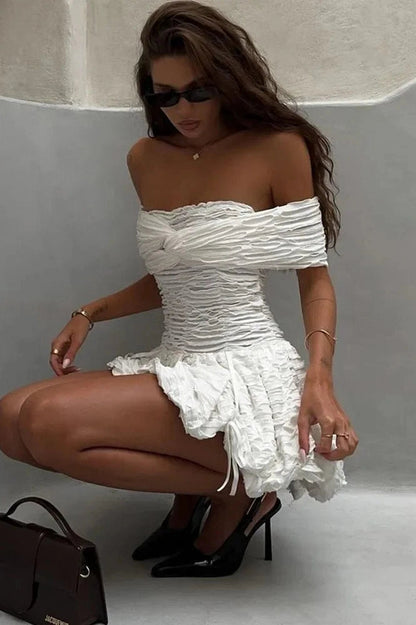 Off-Shoulder Pleated Sleeveless A-Line Mini Dress With High Waist