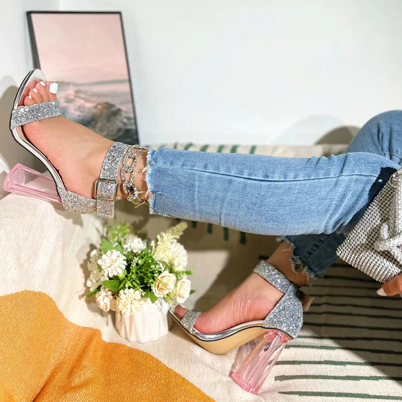 Bling Fashion Ankle Buckle Strap Gladiator Sandals With Square Heel For Women