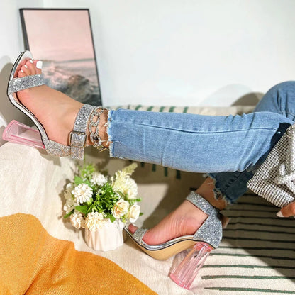 Bling Fashion Ankle Buckle Strap Gladiator Sandals With Square Heel For Women