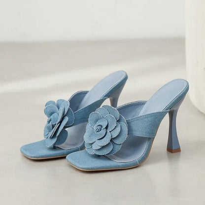 Denim Flowers Square Clip Toe Slippers With Thin High Heels For Summer Street Style Woman