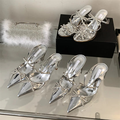 Crystal Butterfly-Knot Pointed Toe Women Pumps Mule Shoes