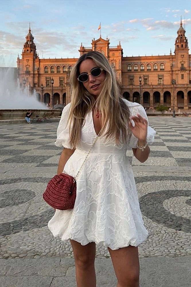 V Neck Puff Sleeve Mini Dress