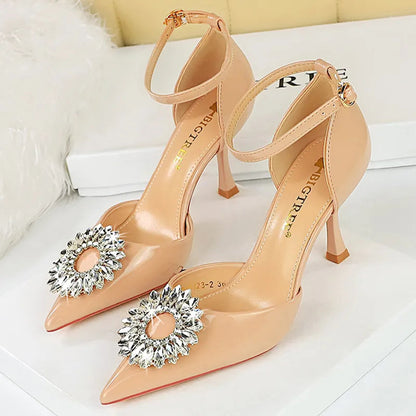 Rhinestone High Heel Buckle Pumps In Patent Leather For Women - Sexy Party Shoes