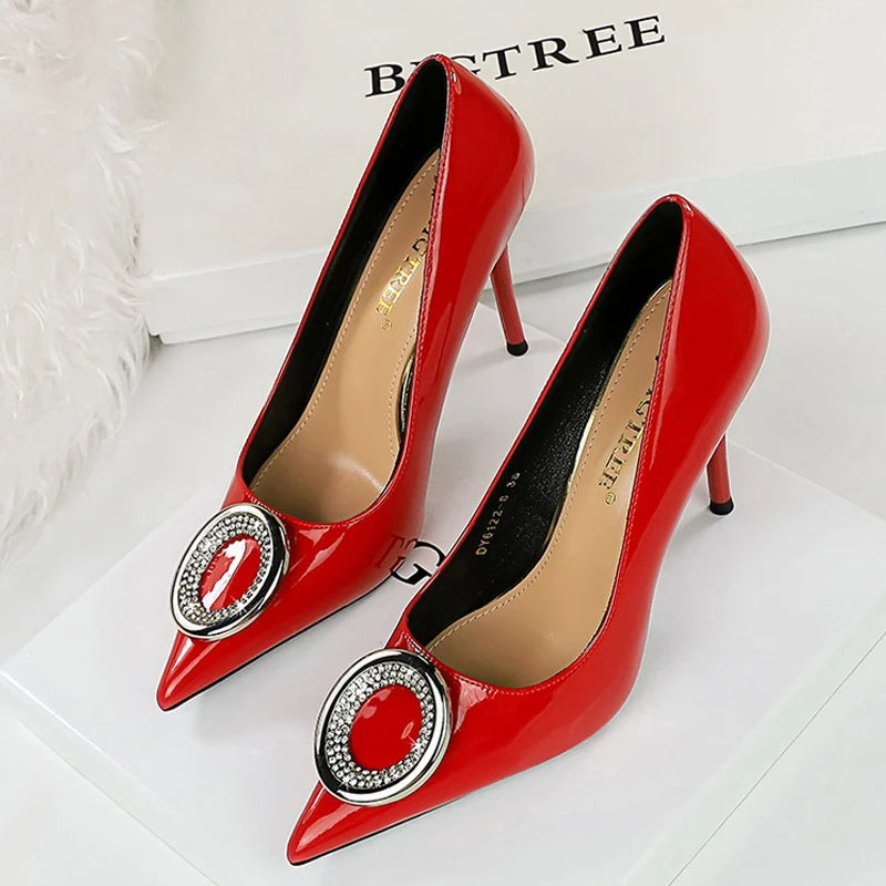 Red Women Pumps With Metal Buckle High Heels Stilettos For Luxury Banquets