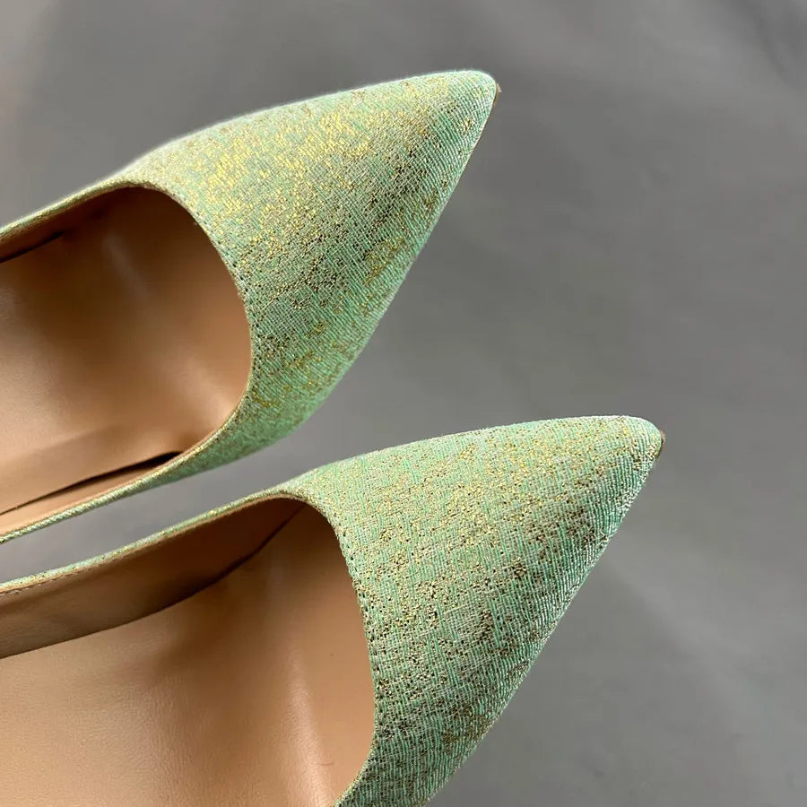 Green Glitter Pointy Toe High Heel Shoes For Women