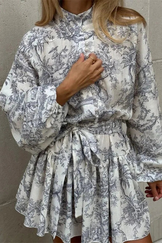 Lace-Up Pleated Long Sleeve Slim Mini Dress