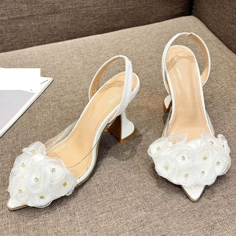 Slingback Pointed Toe Flower PVC Transparent Women Pumps High Heels