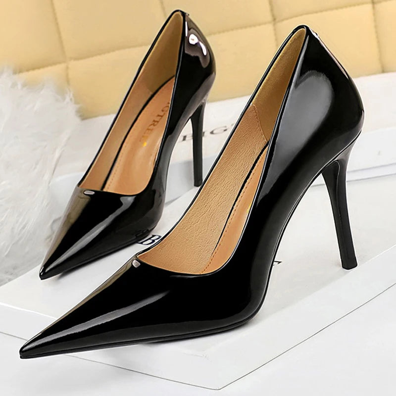 Patent Leather Woman Pumps With Pointed Toe High Heels For Office Wear