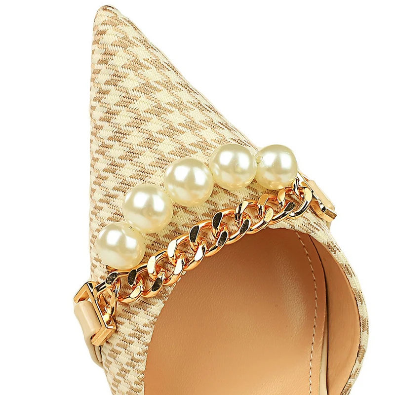 Checkered Pattern Women Sandals With Pearl Metal Chain Kitten Heels