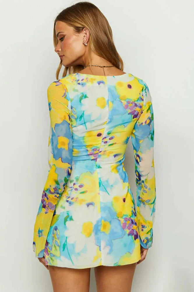 Printed Long Sleeve Mini Dress With Square Collar And High Waist