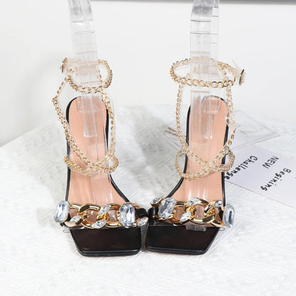 Plus Size Thin Heel High Sandals With Metal Chain And Rhinestone Square Head