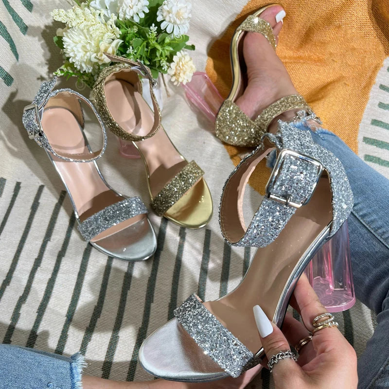 Bling Fashion Ankle Buckle Strap Gladiator Sandals With Square Heel For Women