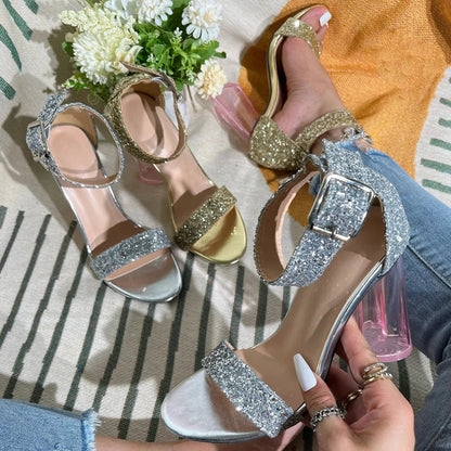 Bling Fashion Ankle Buckle Strap Gladiator Sandals With Square Heel For Women